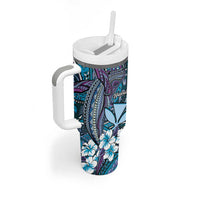 Personalised Hawaii Tribal Humpback Whale Tumbler With Handle Polu Hibiscus Seamless Pattern LT9 - Polynesian Pride