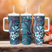 Personalised Hawaii Tribal Humpback Whale Tumbler With Handle Polu Hibiscus Seamless Pattern LT9 - Polynesian Pride