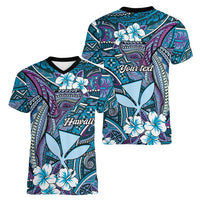 Personalised Hawaii Tribal Humpback Whale Women V-Neck T-Shirt Polu Hibiscus Seamless Pattern