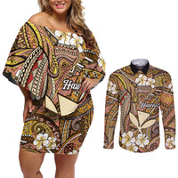 Personalised Hawaii Tribal Humpback Whale Couples Matching Off Shoulder Short Dress and Long Sleeve Button Shirt Melemele Hibiscus Seamless Pattern LT9 Gold - Polynesian Pride