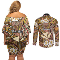 Personalised Hawaii Tribal Humpback Whale Couples Matching Off Shoulder Short Dress and Long Sleeve Button Shirt Melemele Hibiscus Seamless Pattern LT9 - Polynesian Pride