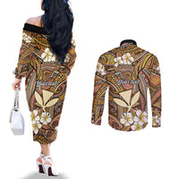 Personalised Hawaii Tribal Humpback Whale Couples Matching Off The Shoulder Long Sleeve Dress and Long Sleeve Button Shirt Melemele Hibiscus Seamless Pattern LT9 - Polynesian Pride