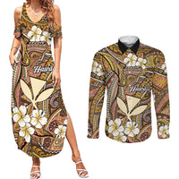 Personalised Hawaii Tribal Humpback Whale Couples Matching Summer Maxi Dress and Long Sleeve Button Shirt Melemele Hibiscus Seamless Pattern LT9 Gold - Polynesian Pride