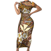 Personalised Hawaii Tribal Humpback Whale Family Matching Short Sleeve Bodycon Dress and Hawaiian Shirt Melemele Hibiscus Seamless Pattern