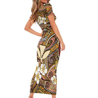 Personalised Hawaii Tribal Humpback Whale Family Matching Short Sleeve Bodycon Dress and Hawaiian Shirt Melemele Hibiscus Seamless Pattern
