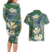 Personalised Hawaii Tribal Humpback Whale Couples Matching Long Sleeve Bodycon Dress and Hawaiian Shirt Omaomao Hibiscus Seamless Pattern LT9 - Polynesian Pride