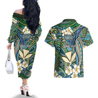 Personalised Hawaii Tribal Humpback Whale Couples Matching Off The Shoulder Long Sleeve Dress and Hawaiian Shirt Omaomao Hibiscus Seamless Pattern LT9 - Polynesian Pride