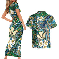 Personalised Hawaii Tribal Humpback Whale Couples Matching Short Sleeve Bodycon Dress and Hawaiian Shirt Omaomao Hibiscus Seamless Pattern LT9 - Polynesian Pride