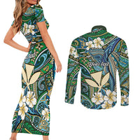 Personalised Hawaii Tribal Humpback Whale Couples Matching Short Sleeve Bodycon Dress and Long Sleeve Button Shirt Omaomao Hibiscus Seamless Pattern LT9 - Polynesian Pride
