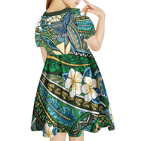 Personalised Hawaii Tribal Humpback Whale Kid Short Sleeve Dress Omaomao Hibiscus Seamless Pattern
