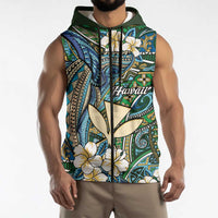 Personalised Hawaii Tribal Humpback Whale Sleeveless Zip Hoodie Omaomao Hibiscus Seamless Pattern