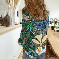 Personalised Hawaii Tribal Humpback Whale Women Casual Shirt Omaomao Hibiscus Seamless Pattern