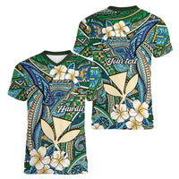 Personalised Hawaii Tribal Humpback Whale Women V-Neck T-Shirt Omaomao Hibiscus Seamless Pattern