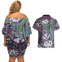 Personalised Hawaii Tribal Humpback Whale Couples Matching Off Shoulder Short Dress and Hawaiian Shirt Poni Hibiscus Seamless Pattern LT9 - Polynesian Pride