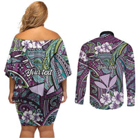 Personalised Hawaii Tribal Humpback Whale Couples Matching Off Shoulder Short Dress and Long Sleeve Button Shirt Poni Hibiscus Seamless Pattern