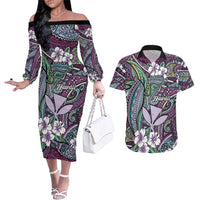Personalised Hawaii Tribal Humpback Whale Couples Matching Off The Shoulder Long Sleeve Dress and Hawaiian Shirt Poni Hibiscus Seamless Pattern LT9 Purple - Polynesian Pride