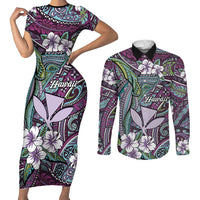 Personalised Hawaii Tribal Humpback Whale Couples Matching Short Sleeve Bodycon Dress and Long Sleeve Button Shirt Poni Hibiscus Seamless Pattern LT9 Purple - Polynesian Pride