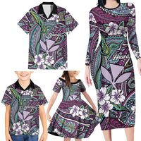 Personalised Hawaii Tribal Humpback Whale Family Matching Long Sleeve Bodycon Dress and Hawaiian Shirt Poni Hibiscus Seamless Pattern