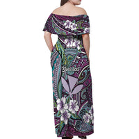 Personalised Hawaii Tribal Humpback Whale Off Shoulder Maxi Dress Poni Hibiscus Seamless Pattern