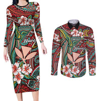 Personalised Hawaii Tribal Humpback Whale Couples Matching Long Sleeve Bodycon Dress and Long Sleeve Button Shirt Ulaula Hibiscus Seamless Pattern LT9 Red - Polynesian Pride