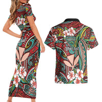 Personalised Hawaii Tribal Humpback Whale Couples Matching Short Sleeve Bodycon Dress and Hawaiian Shirt Ulaula Hibiscus Seamless Pattern LT9 - Polynesian Pride
