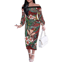Personalised Hawaii Tribal Humpback Whale Family Matching Off The Shoulder Long Sleeve Dress and Hawaiian Shirt Ulaula Hibiscus Seamless Pattern