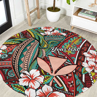 Personalised Hawaii Tribal Humpback Whale Round Carpet Ulaula Hibiscus Seamless Pattern LT9 Red - Polynesian Pride