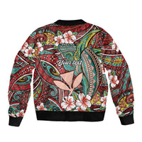 Personalised Hawaii Tribal Humpback Whale Sleeve Zip Bomber Jacket Ulaula Hibiscus Seamless Pattern LT9 - Polynesian Pride