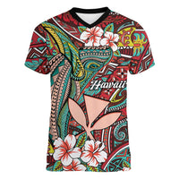 Personalised Hawaii Tribal Humpback Whale Women V-Neck T-Shirt Ulaula Hibiscus Seamless Pattern