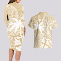 Custom Indo Fijians Couples Matching Long Sleeve Bodycon Dress and Hawaiian Shirt Fiji ke Hindustani Polyneisan Paisley Beige Style