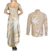 Custom Indo Fijians Couples Matching Summer Maxi Dress and Long Sleeve Button Shirt Fiji ke Hindustani Polyneisan Paisley Beige Style