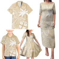 Custom Indo Fijians Family Matching Puletasi and Hawaiian Shirt Fiji ke Hindustani Polyneisan Paisley Beige Style