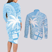 Custom Indo Fijians Couples Matching Long Sleeve Bodycon Dress and Long Sleeve Button Shirt Fiji ke Hindustani Polyneisan Paisley Blue Style