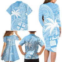 Custom Indo Fijians Family Matching Long Sleeve Bodycon Dress and Hawaiian Shirt Fiji ke Hindustani Polyneisan Paisley Blue Style