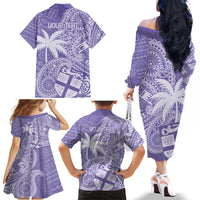 Custom Indo Fijians Family Matching Off The Shoulder Long Sleeve Dress and Hawaiian Shirt Fiji ke Hindustani Polyneisan Paisley Purple Style