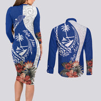 Blue Guam Hafa Adai Couples Matching Long Sleeve Bodycon Dress and Long Sleeve Button Shirt Tropical Flowers with Polynesian Pattern