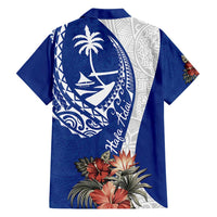 Blue Guam Hafa Adai Family Matching Off Shoulder Short Dress and Hawaiian Shirt Tropical Flowers with Polynesian Pattern
