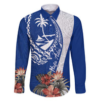 Blue Guam Hafa Adai Family Matching Short Sleeve Bodycon Dress and Hawaiian Shirt Tropical Flowers with Polynesian Pattern