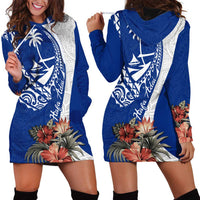 Blue Guam Hafa Adai Hoodie Dress Tropical Flowers with Polynesian Pattern