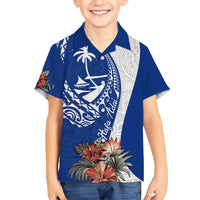 Blue Guam Hafa Adai Kid Hawaiian Shirt Tropical Flowers with Polynesian Pattern
