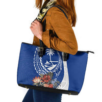 Blue Guam Hafa Adai Leather Tote Bag Tropical Flowers with Polynesian Pattern
