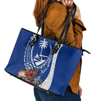 Blue Guam Hafa Adai Leather Tote Bag Tropical Flowers with Polynesian Pattern