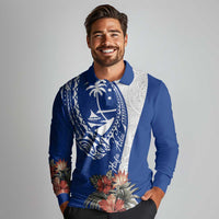 Blue Guam Hafa Adai Long Sleeve Polo Shirt Tropical Flowers with Polynesian Pattern