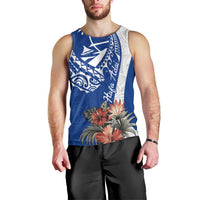 Blue Guam Hafa Adai Men Tank Top Tropical Flowers with Polynesian Pattern