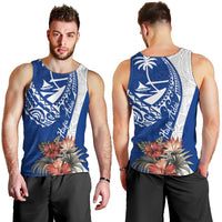 Blue Guam Hafa Adai Men Tank Top Tropical Flowers with Polynesian Pattern