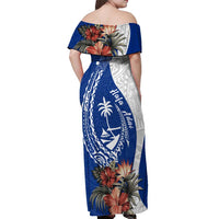Blue Guam Hafa Adai Off Shoulder Maxi Dress Tropical Flowers with Polynesian Pattern