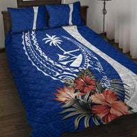 Blue Guam Hafa Adai Quilt Bed Set Tropical Flowers with Polynesian Pattern