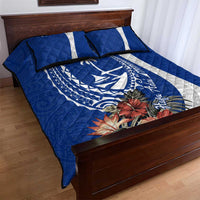Blue Guam Hafa Adai Quilt Bed Set Tropical Flowers with Polynesian Pattern