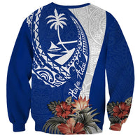 Blue Guam Hafa Adai Sweatshirt Tropical Flowers with Polynesian Pattern
