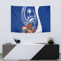 Blue Guam Hafa Adai Tapestry Tropical Flowers with Polynesian Pattern